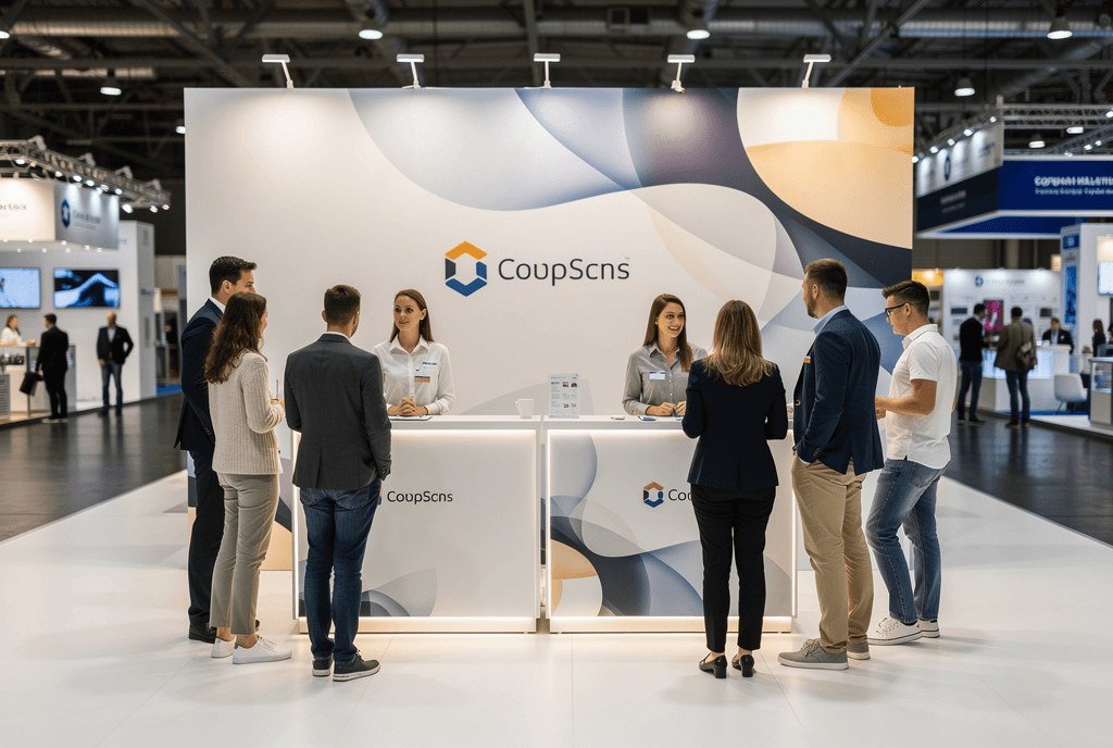 Stand d’exposition compact avec fond imprimé